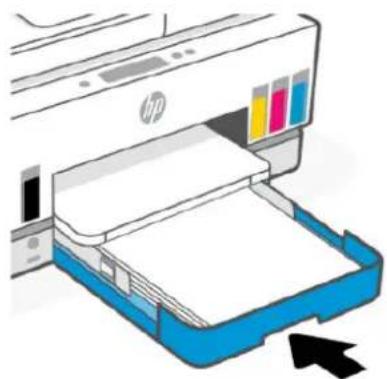 Illustration of an HP printer with paper being inserted, showing color swatch and paper tray (no text or symbols).