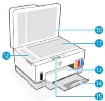 Diagram of a printer with numbered parts labeled 10 to 15 pointing to different printer bodies.