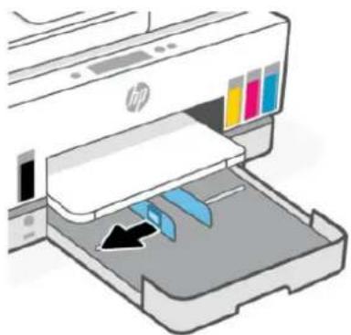 Illustration of an HP printer with color-coded paper strips and an arrow indicating the printer's internal structure (no text or symbols present).