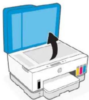 Illustration of an HP printer with a blue cover and paper filter, showing the printer's lid open (no text or symbols).