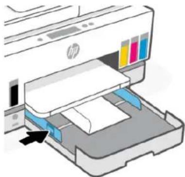 Illustration of an HP printer with paper being inserted, showing color swatches and a black arrow indicating the printer's page (no text or symbols present).