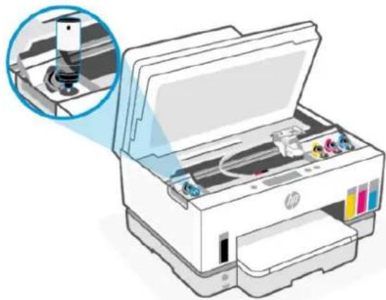 Illustration of an HP printer with a close-up inset showing the printer's internal structure (no text or symbols visible).