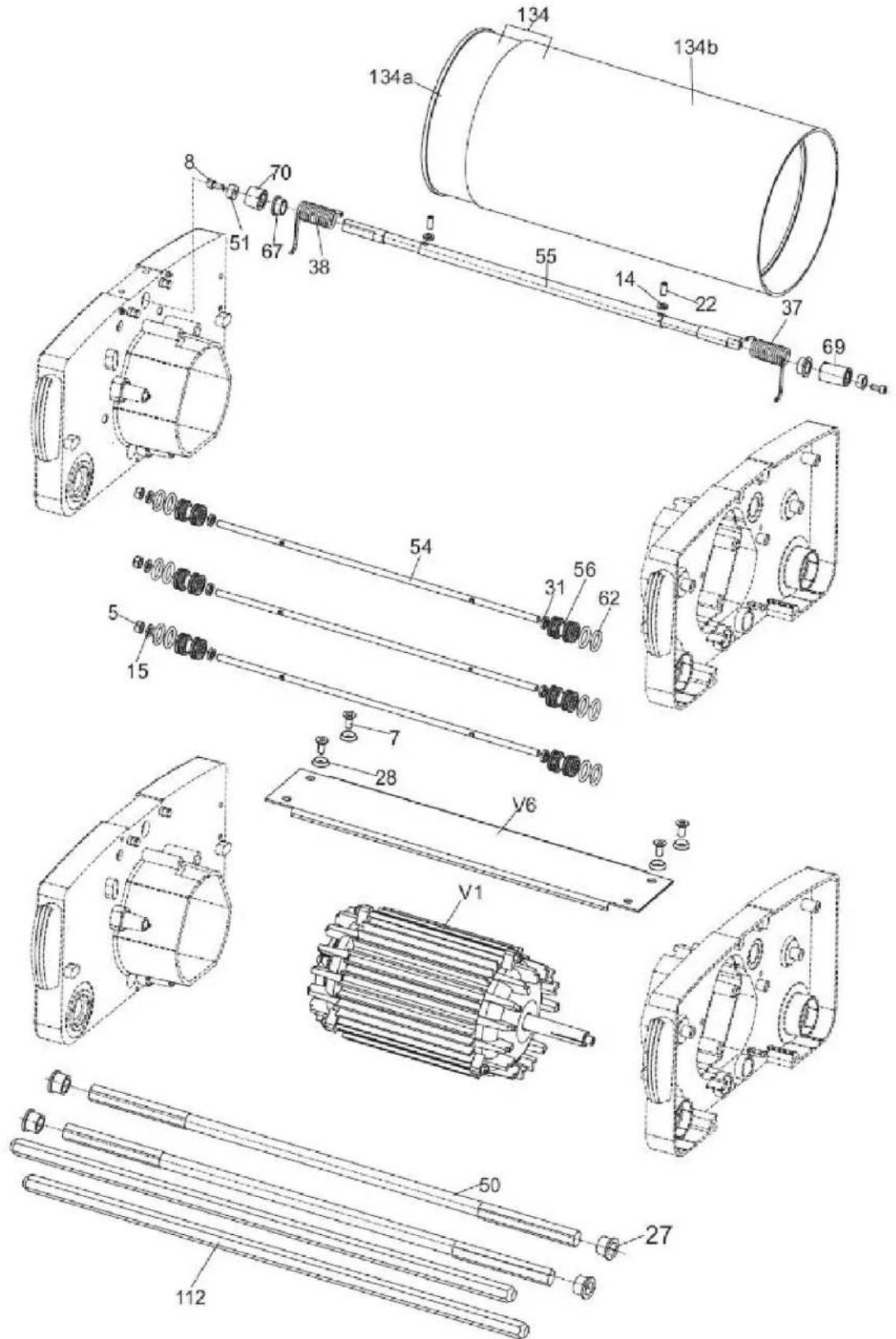 Technical diagram of a mechanical assembly with labeled parts, including cylindrical components and exploded views