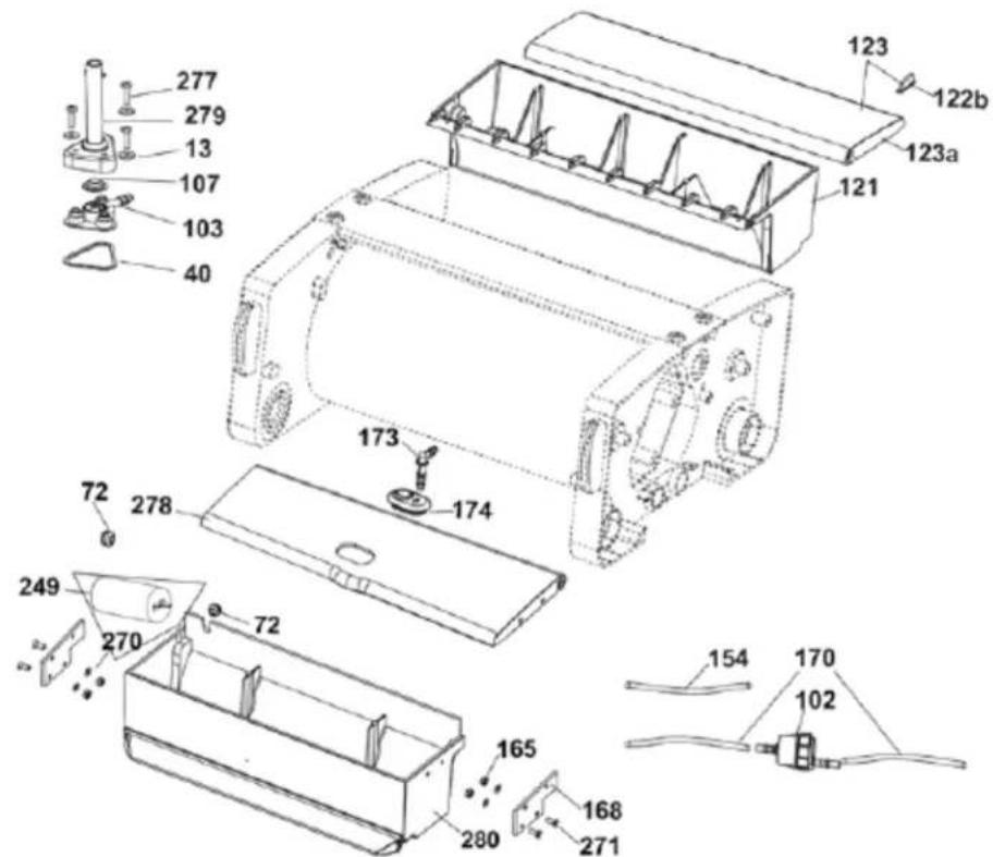 Technical diagram of a device's internal components with numbered parts and exploded view annotations