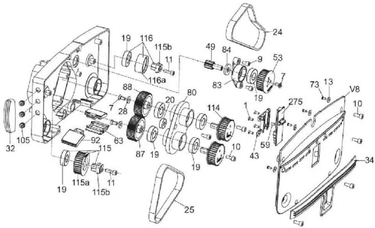Exploded view diagram of a mechanical device with numbered parts for identification