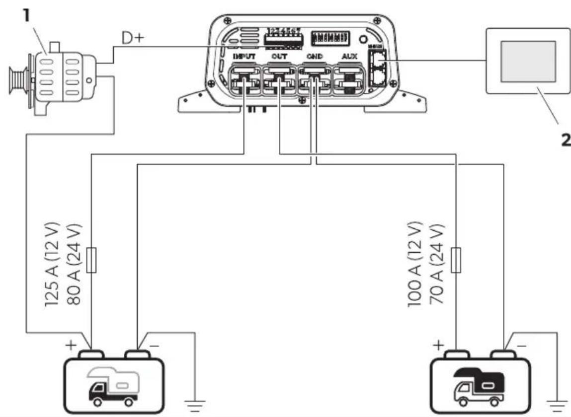 1 D+ INPUT OUT GND AUX 125 A (12 V) 80 A (24 V) 100 A (12 V) 70 A (24 V) 2