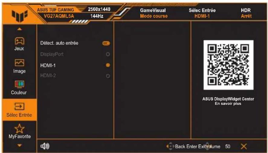 ASUS TUF GAMING 2560x1440 VG27AQML5A 144Hz GameVisual Mode course Sélec Entrée HDMI-1 HDR Arrêt Jeux Image Couleur Sélec Entrée MyFavorite Détect. auto entrée DisplayPort HDMI-1 HDMI-2 ASUS DisplayWidget Center En savoir plus Back Enter ExitVolume 50