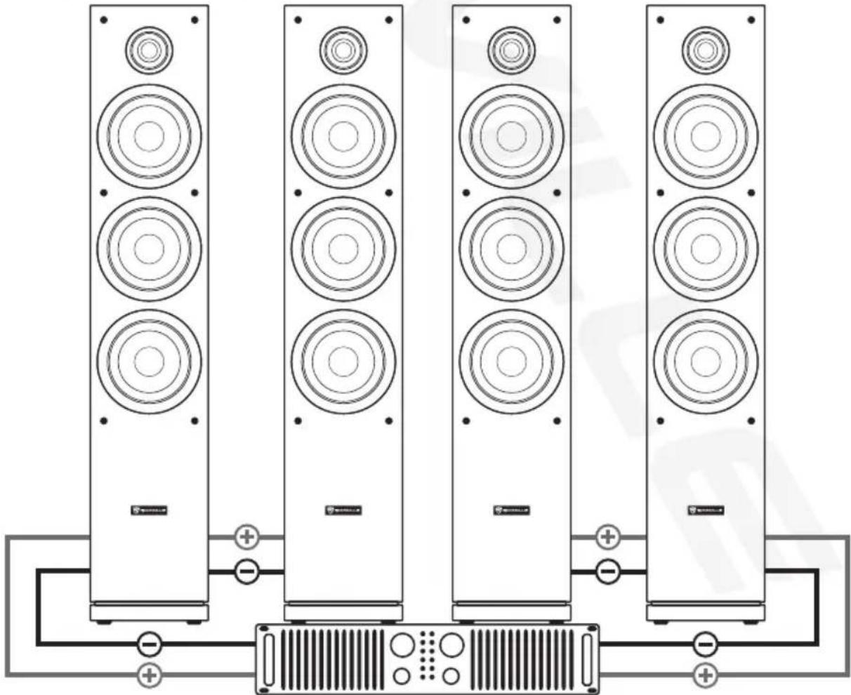 Line drawing of four identical tower-mounted speakers connected to a central speaker block (no text or symbols)