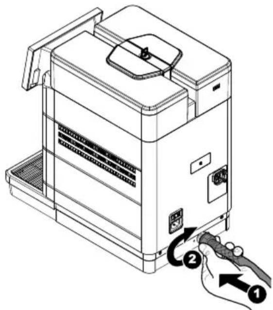 Technical diagram of a device with labeled parts and directional arrows indicating assembly or connection steps