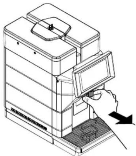 Line drawing of a hand inserting a device into a multi-tiered storage unit (no text or symbols)
