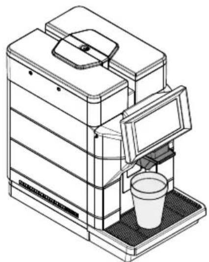 Line drawing of a portable coffee machine with a cup on the tray (no text or symbols)