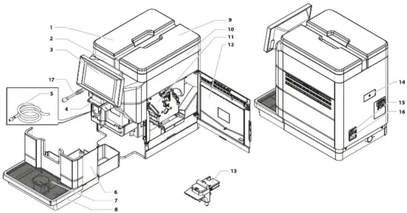 Technical diagram of a device's internal components with numbered parts, including zoomed-in views and labeled parts.