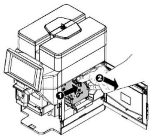 Technical diagram of a device with numbered components and directional arrows indicating assembly or operation