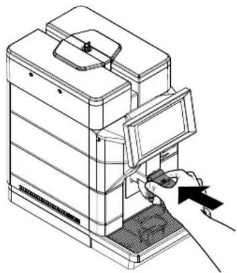 Line drawing of a hand inserting a device into a multi-tiered storage unit (no text or symbols)