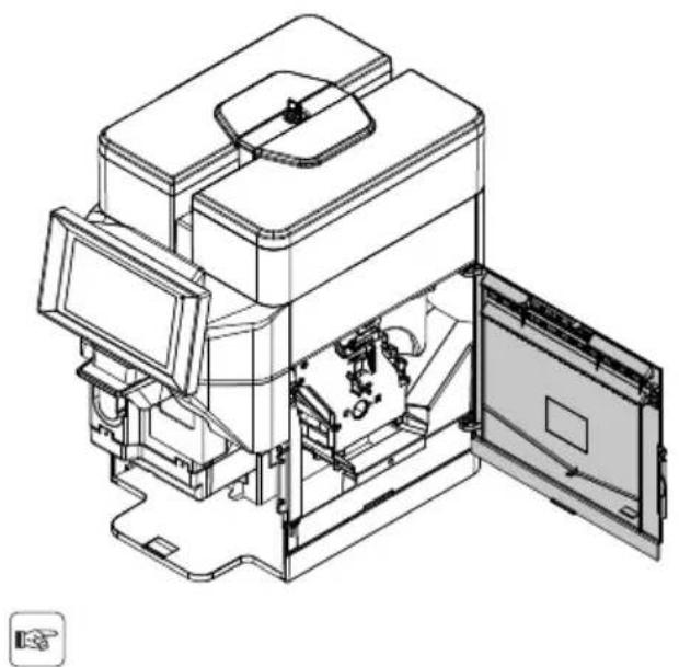 Technical line drawing of a mechanical device with internal components and an open panel (no text or symbols)