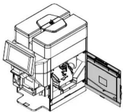 Technical line drawing of a mechanical device with internal components and an open lid (no text or symbols)