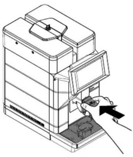 Line drawing of a hand inserting a device into a rack-mounted device (no text or symbols)