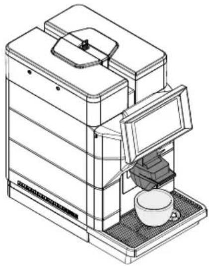 Line drawing of a portable coffee machine with a cup and tray, no text or symbols present