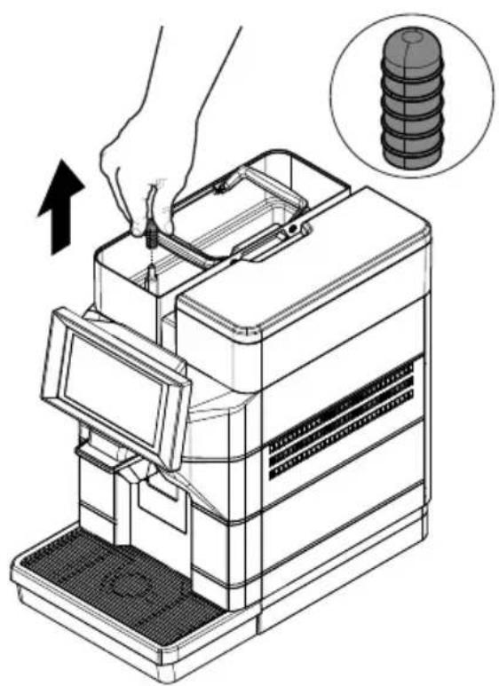 Diagram showing a hand using a tool to adjust or install a multi-compartment filing machine, with an inset image of stacked cylindrical components.