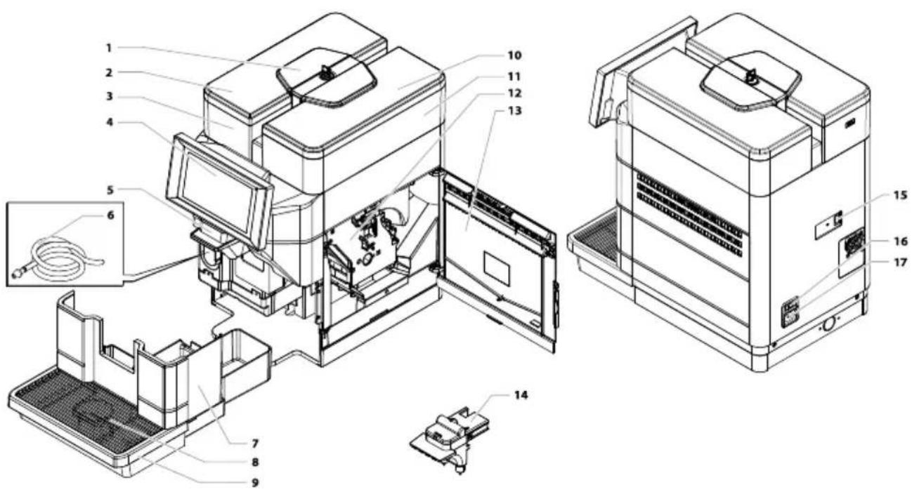 Technical diagram of a device's internal components with numbered parts, including zoomed-in views and labeled parts.