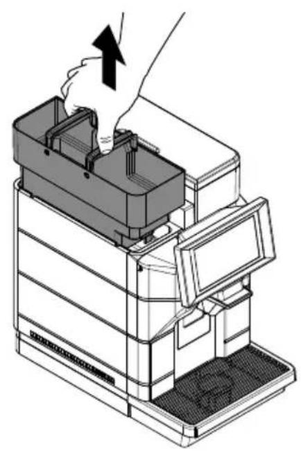 Illustration of a hand inserting a device into a multi-tiered rack, showing internal components and a handle (no text or symbols)