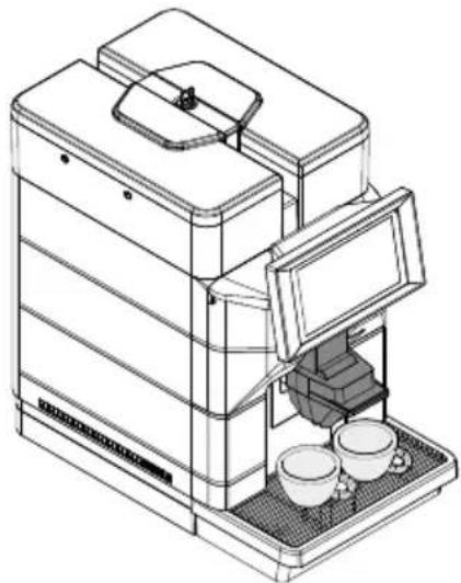 Line drawing of a coffee machine with open lid and two cups on tray (no text or symbols)