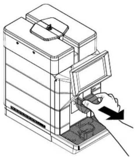 Line drawing of a hand inserting a device into a rack, showing internal components and a downward arrow (no text or symbols)