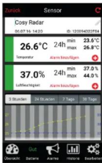 Zurück Sensor Cosy Radar 06.07.16 14:20 ID: 120554322F84 26.6°C 24h min 23.6°C max 26.8°C Temperatur Alarm lisszufügen 37.0% 24h min 37.0% max 44.0% Luftflüchtigkeit Alarm lisszufügen 3 Stunden 24 Stunden 7 Tage 30 Tage Übersch Bautere Alarms Istelle Bautelien
