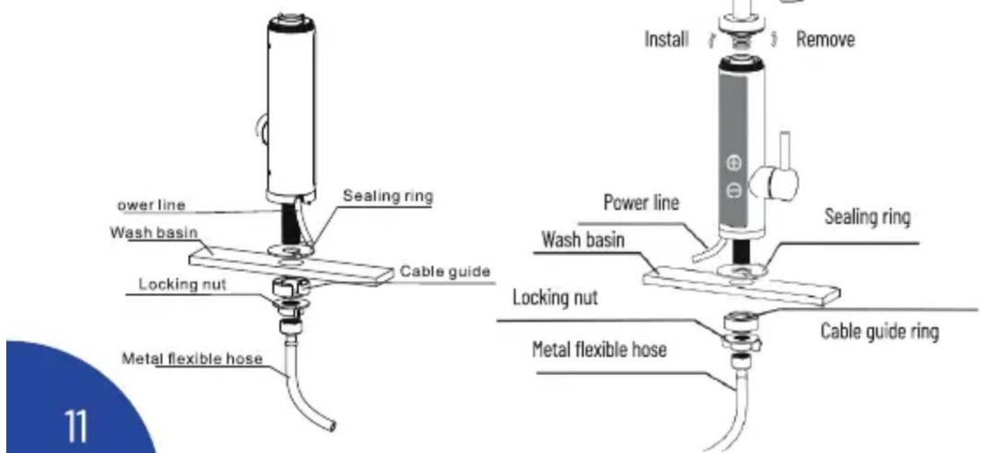 ower line Wash basin Locking nut Metal flexible hose Sealing ring Cable guide Install Remove Power line Wash basin Sealing ring Locking nut Metal flexible hose Cable guide ring