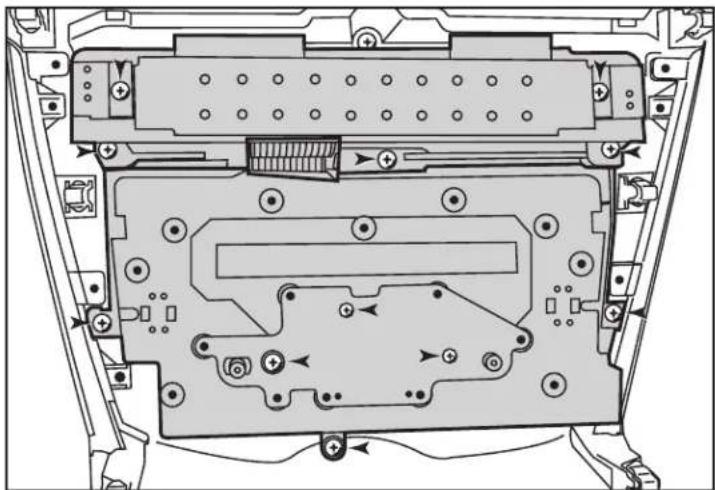 Technical diagram of a computer chassis showing internal components and mounting holes (no text or labels)