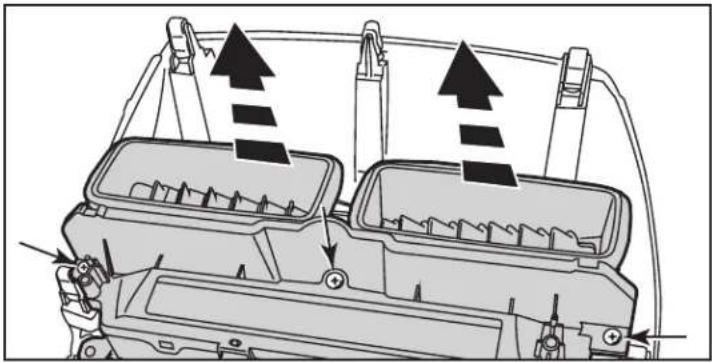 Diagram of a vehicle engine compartment with three internal compartments and upward arrows indicating flow or movement (no text or symbols present)
