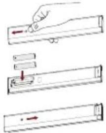Diagram showing three-step assembly of a device with arrows indicating direction, likely illustrating a mechanical or electrical process.