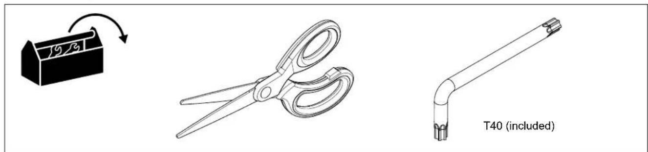 Technical line drawings of three tools: a box with a switch, a pair of scissors, and a T40 tool (included), all without any text or symbols.