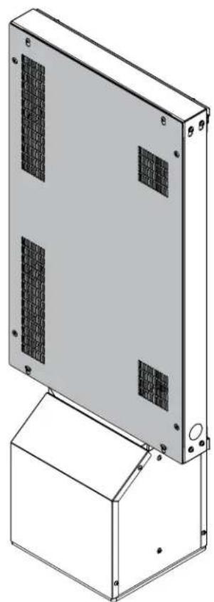 Technical line drawing of a rectangular electronic enclosure with internal grid patterns and mounting base (no text or symbols)