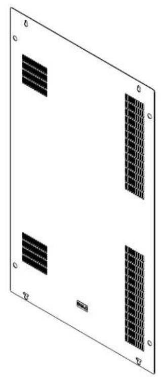 Front view of a rectangular electronic device with four internal grid-like slots and mounting holes (no text or symbols)