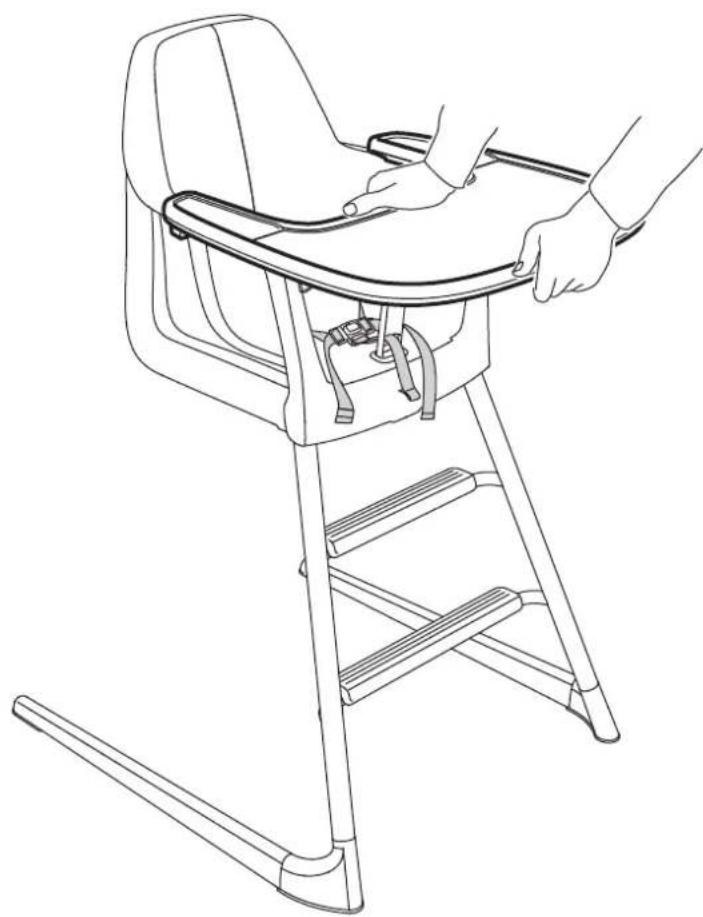 Dessin au trait d'une chaise haute pour enfant avec des mains ajustant l'assise (sans texte ni symboles)