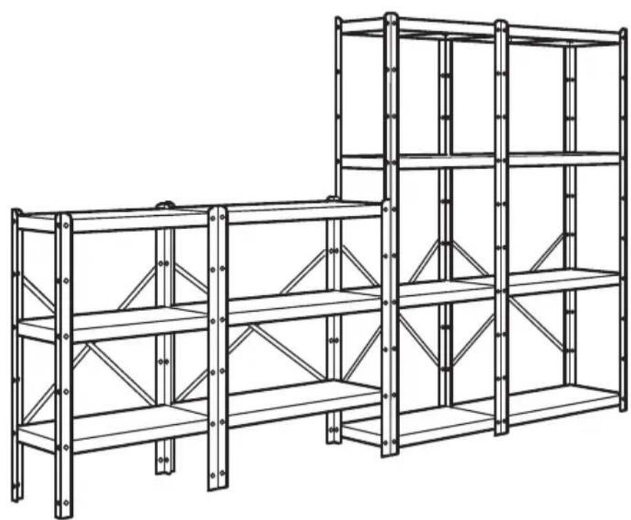 Dessin au trait de deux étagères métalliques empilées avec poutres structurelles et boulons (sans texte ni symboles).