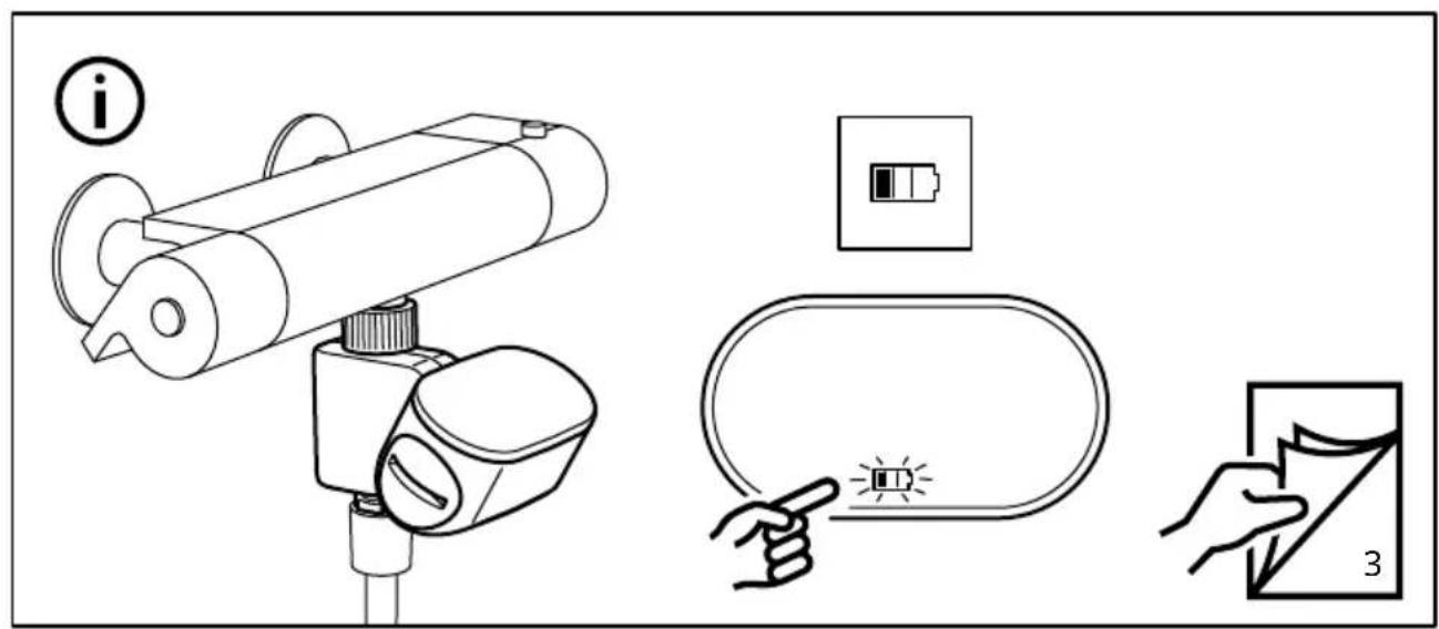 Schéma illustrant l'installation de l'éclairage et du dispositif en trois étapes : barre d'outils, batterie et écran avec voyants lumineux.
