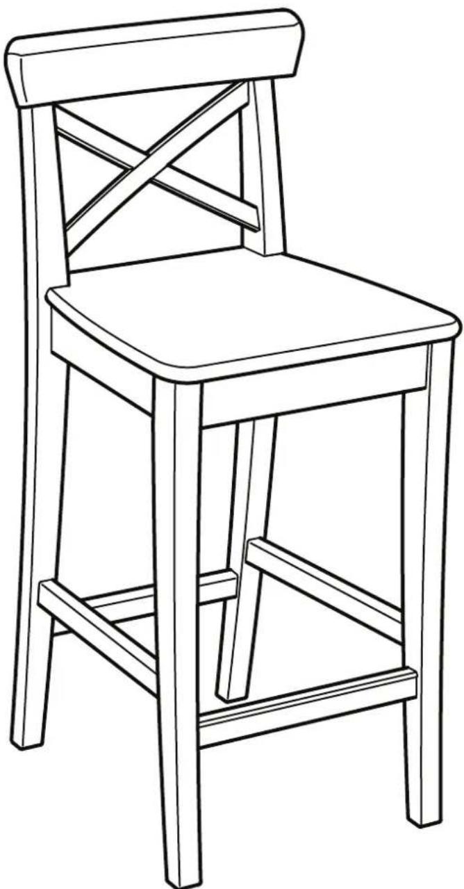 Dessin au trait d'un tabouret en bois avec pieds croisés et dossier (sans texte ni symboles).