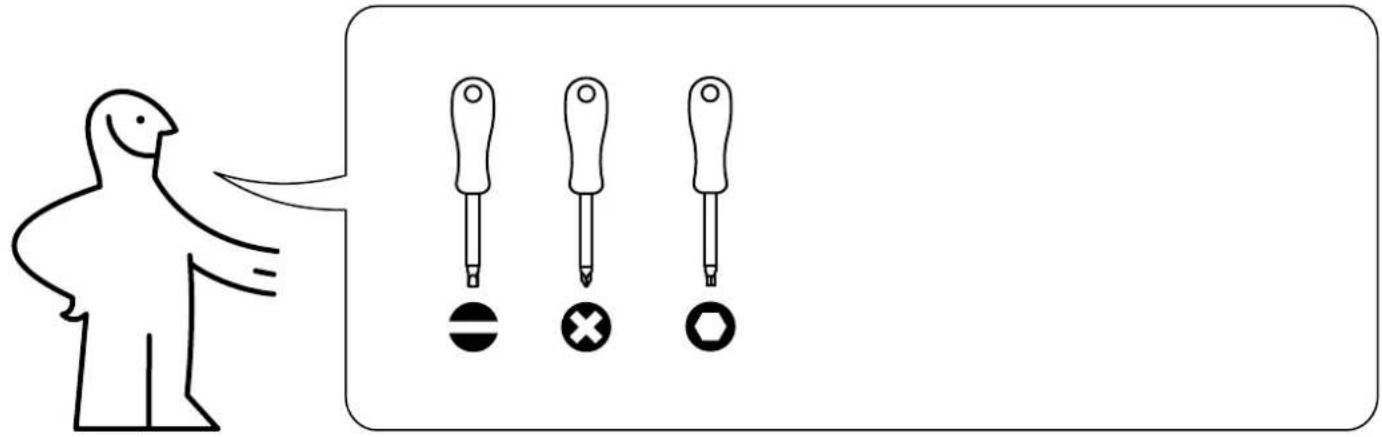 Schéma montrant une personne pointant trois embouts de tournevis avec des icônes en dessous, illustrant probablement un concept médical ou de diagnostic.