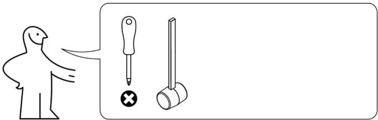 Schéma montrant un oiseau pointant vers deux outils différents : un crayon et un marteau, avec un symbole de croix indiquant la sélection.