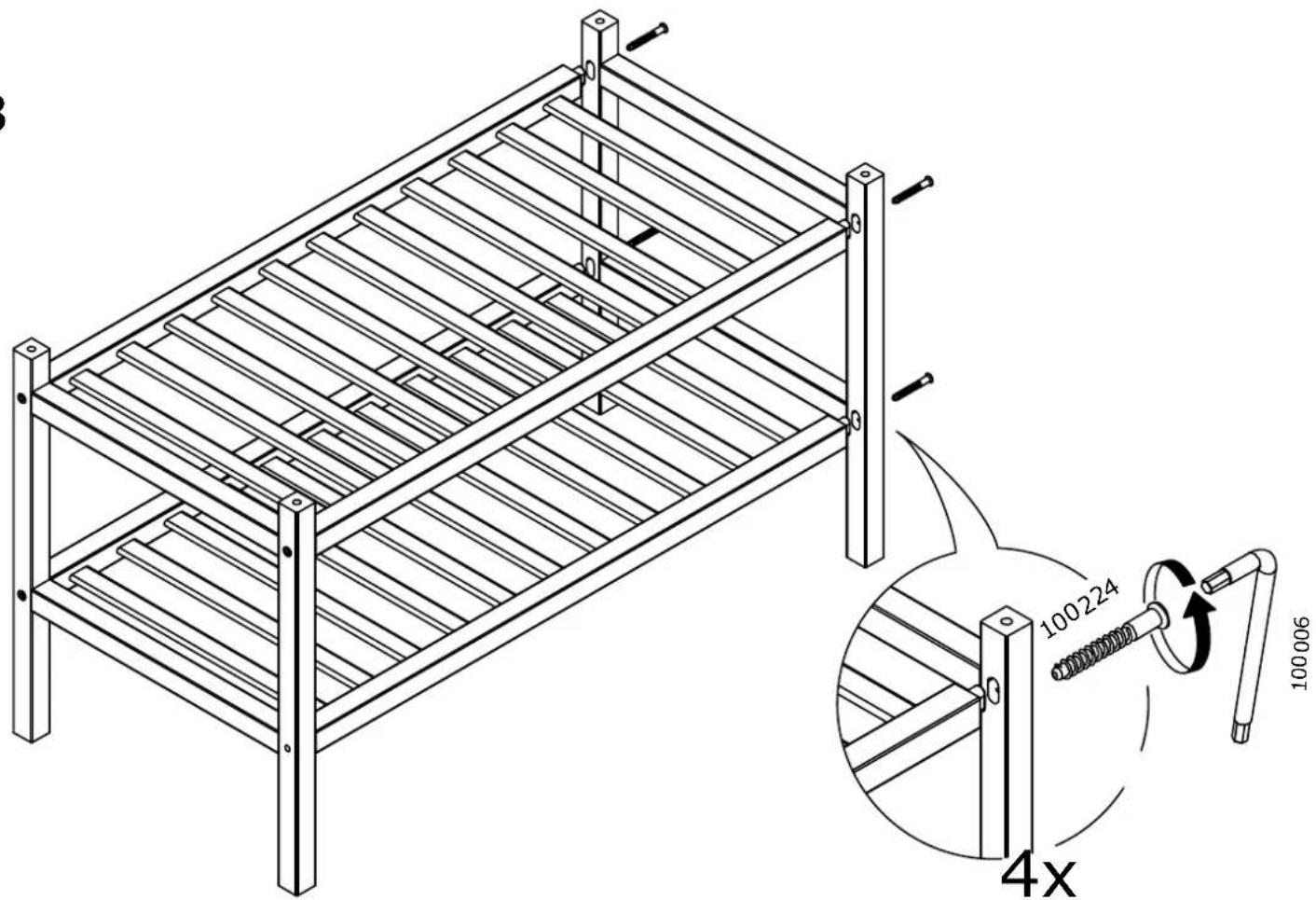 Schéma technique d'un lit superposé en métal avec détails structurels et une vue agrandie montrant un rapport d'augmentation de 4x entre deux composants.