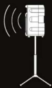 Simple line drawing of a handheld device with sound waves and a stand (no text or symbols)