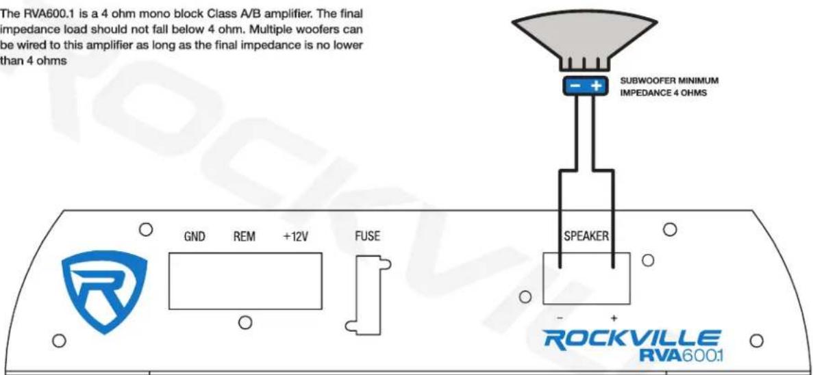 The RVA600.1 is a 4 ohm mono block Class A/B amplifier. The final impedance load should not fall below 4 ohm. Multiple woofers can be wired to this amplifier as long as the final impedance is no lower than 4 ohms SUBWOOFER MINIMUM IMPEDANCE 4 OHMS GND REM +12V FUSE SPEAKER ROCKVILLE RVA600.1