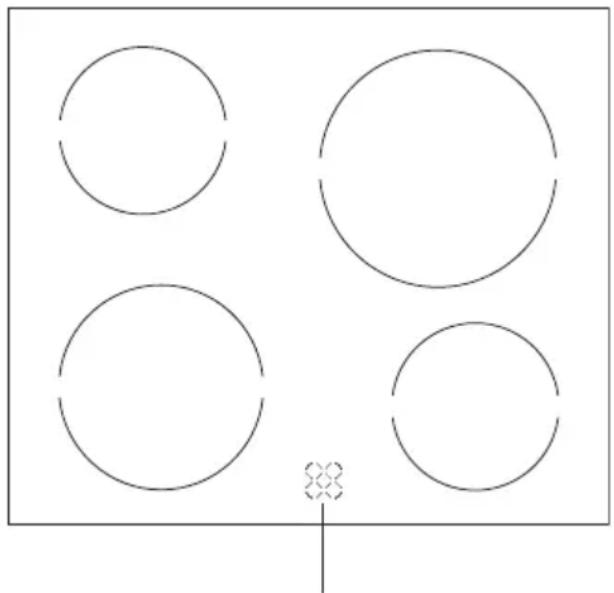 Pure geometric diagram with five circles and one small crosshair marker (no text or symbols)