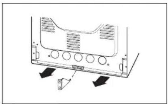 Technical diagram of a mechanical component with mounting brackets and directional arrows indicating assembly or movement (no text or symbols)