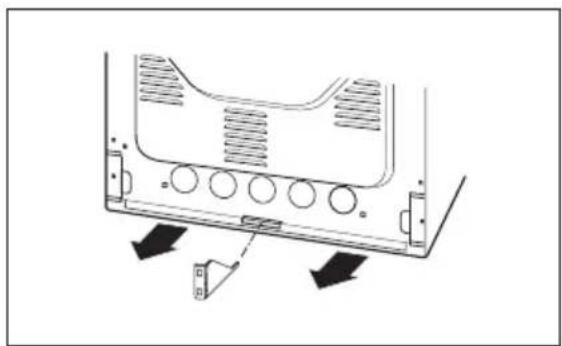 Technical diagram of a mechanical component with mounting holes and directional arrows indicating assembly or movement (no text or symbols)