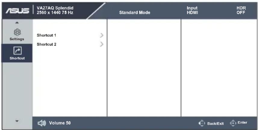 ASUS VA27AQ Splendide 2560 x 1440 75 Hz Mode Standard Entrée HDMI HDR DÉSACTIVÉ Paramètres Raccourci 1 Raccourci 2 Volume 50 Retour/Quitter Entrée