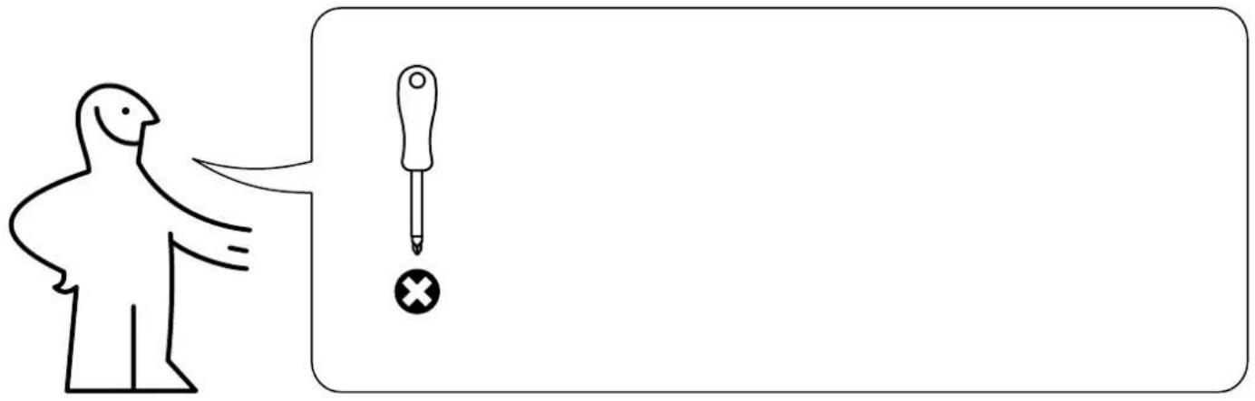 Diagram showing a person pointing at a screwdriver with a cross symbol, likely illustrating a medical or safety warning.