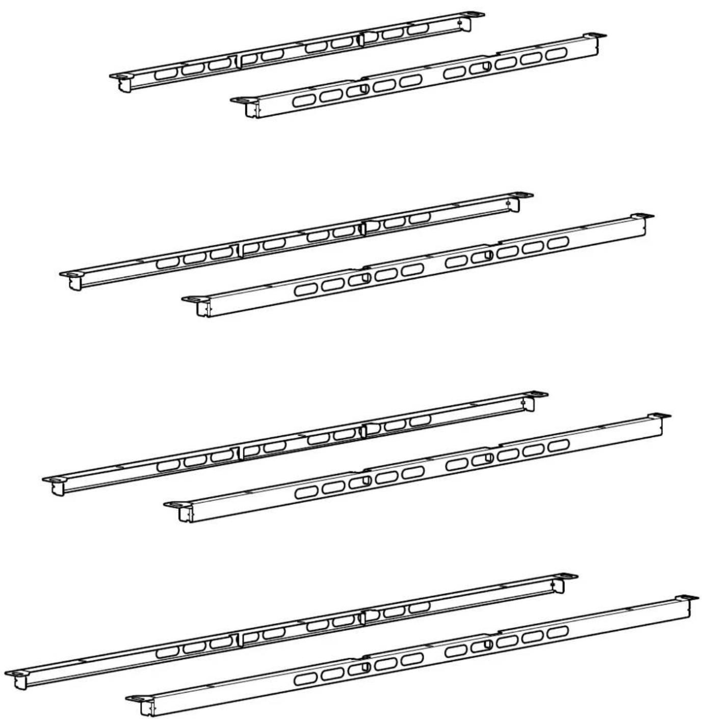 Technical line drawings of multiple metal structural components with no text or symbols